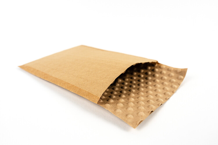 Brown, 2-ply paper padded bag with a studded surface on the inside.